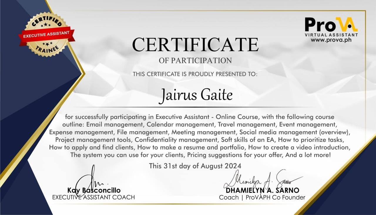 ProVA Executive Assistant online course certificate awarded to Jairus Gaite