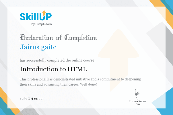 SkillUp Introduction to HTML certificate awarded to Jairus Gaite